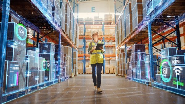 Futuristic Technology Retail Warehouse: Worker Doing Inventory Walks When Digitalization